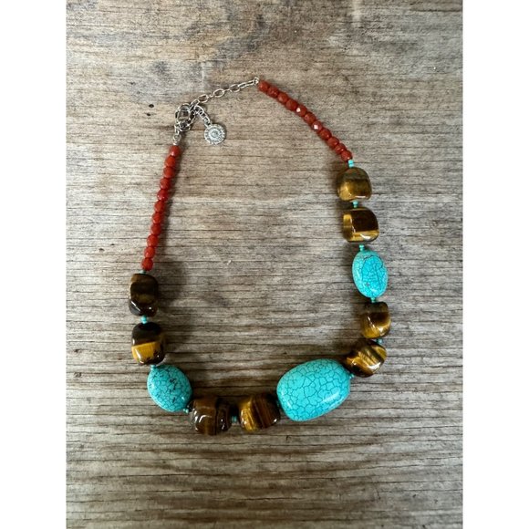 R.J. Graziano Tiger Eye Turquoise Gemstone Bead Necklace Statement Boho Western - Picture 1 of 7